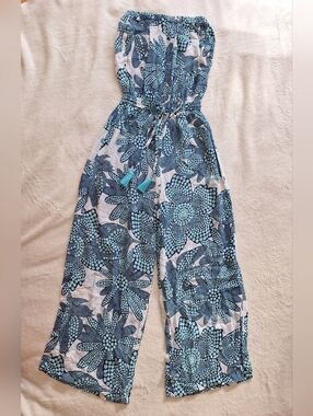 Lani Lau Hawaii Strapless Romper S/M Blue White Floral Boho Culotte 🏝️